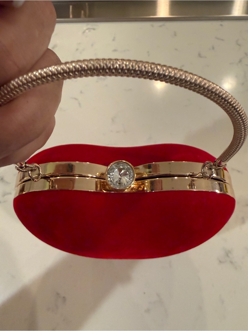 Red Velvet Heart Shaped Evening Bag Gold Tone Rhinestone Clutch - Picture 6 of 13